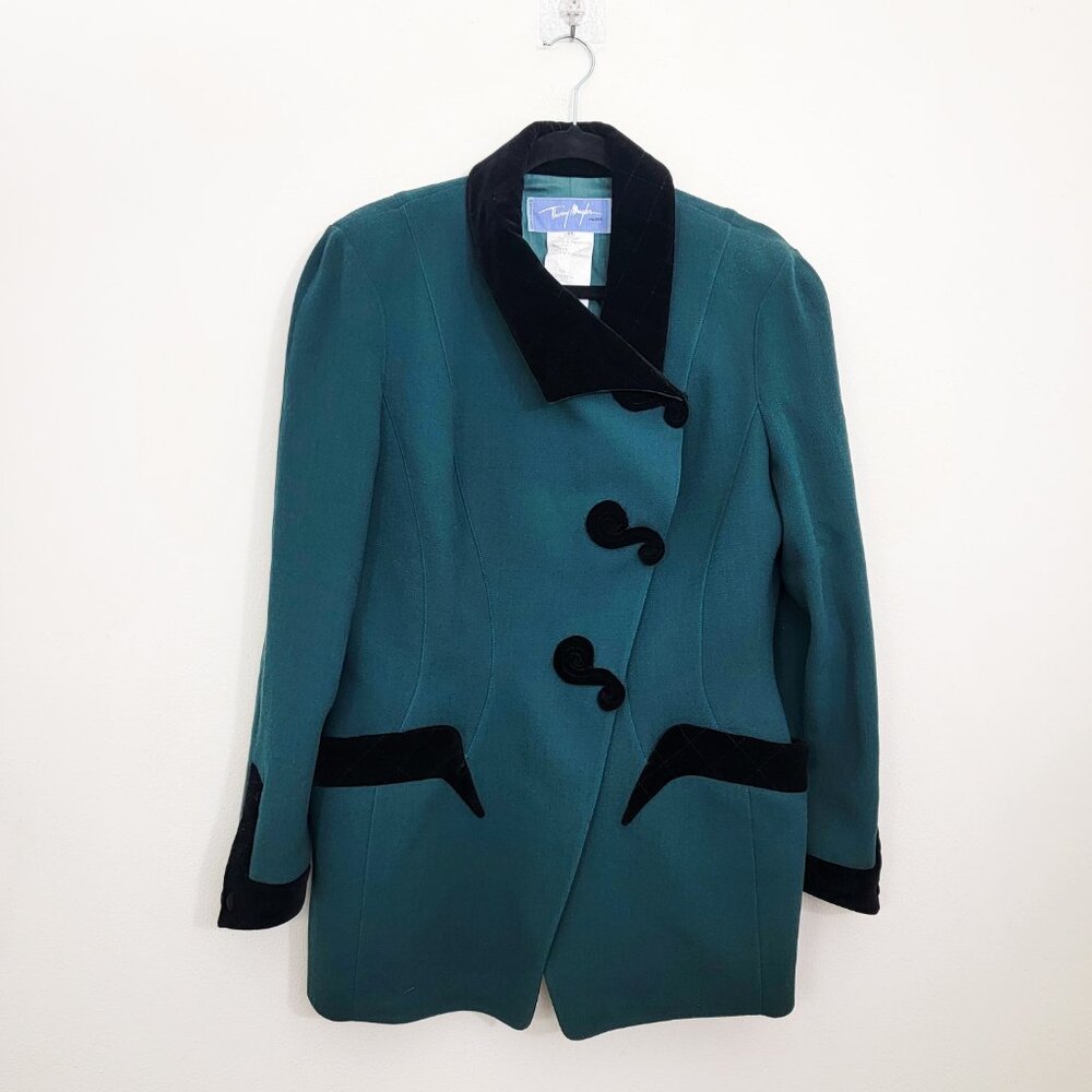 Vintage Thierry Mugler 1993 Sculpted Green Wool Velvet Trim Blazer 44 12
